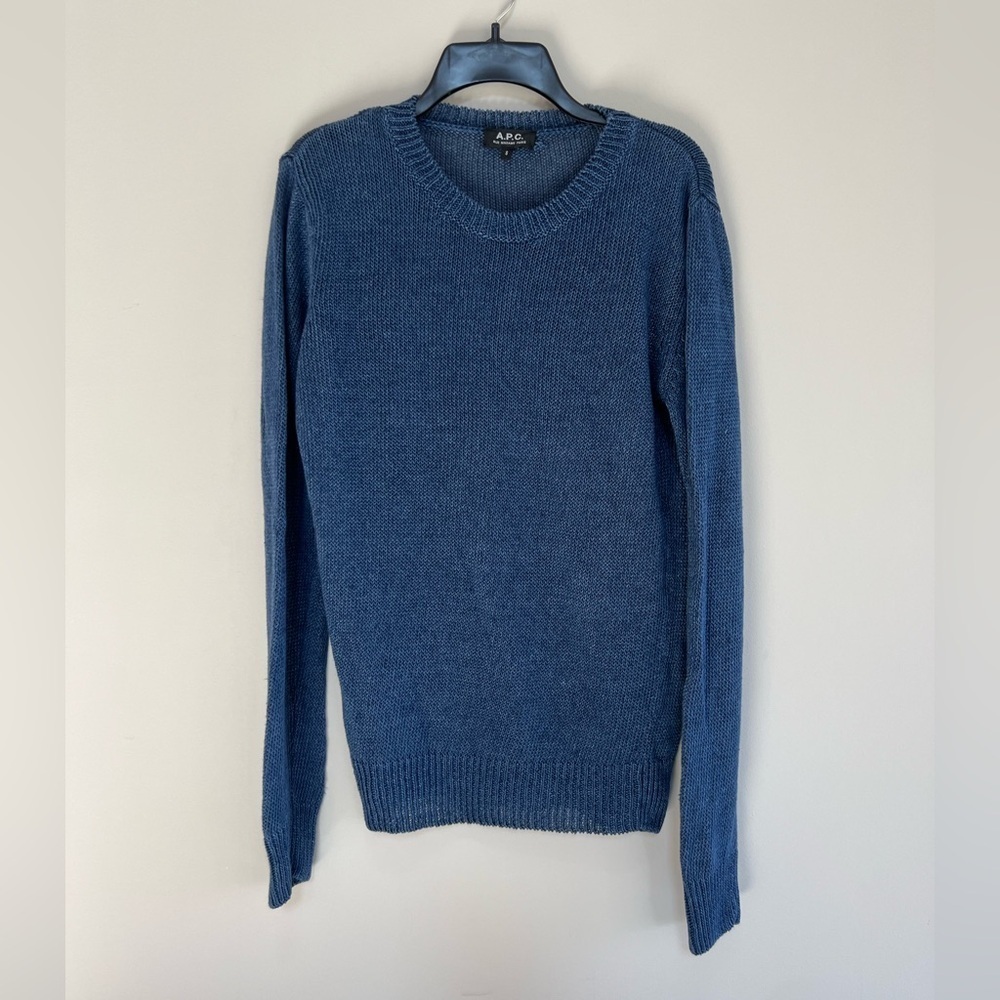 A.P.C. Men’s 100% Linen Navy Blue Crewneck Sweater, size Small
